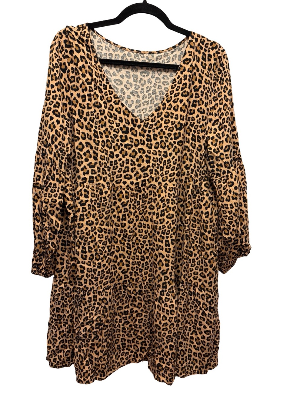 Leopard Print V-Neck Tiered Long Sleeve Dress - Tan/Black - Size XL